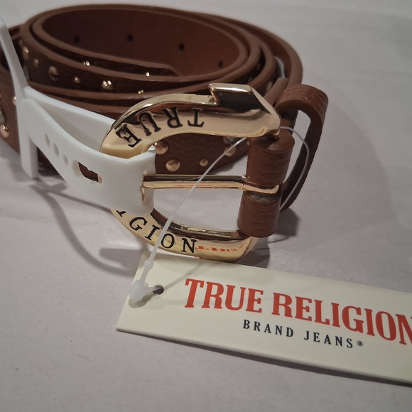TRUE RELIGION Women's L/XL Belt DK Camel Faux Diamond/Gold Studs BRAND-NEW w/tag - Picture 1 of 16